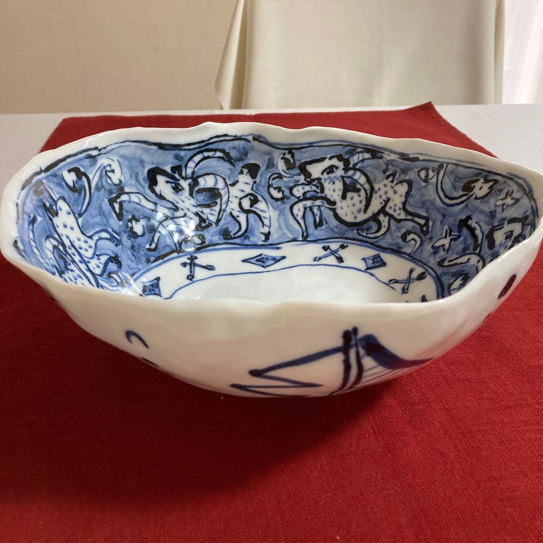 美濃焼　黒岩卓実作　呉須豹紋大鉢　銘々皿セット