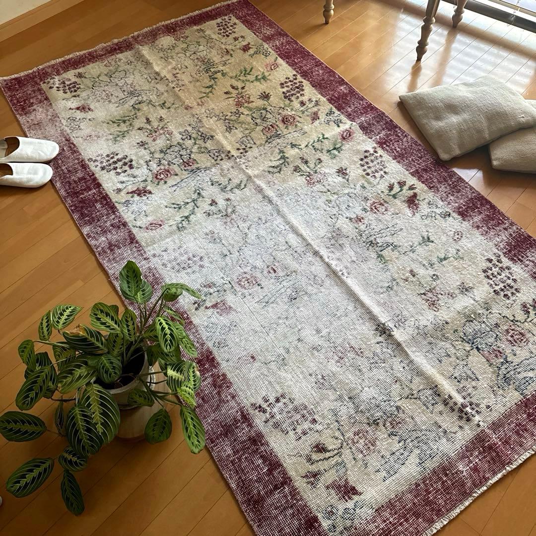 111×207 擦れシャビー　幸せな青い鳥　トルコヴィンテージラグ