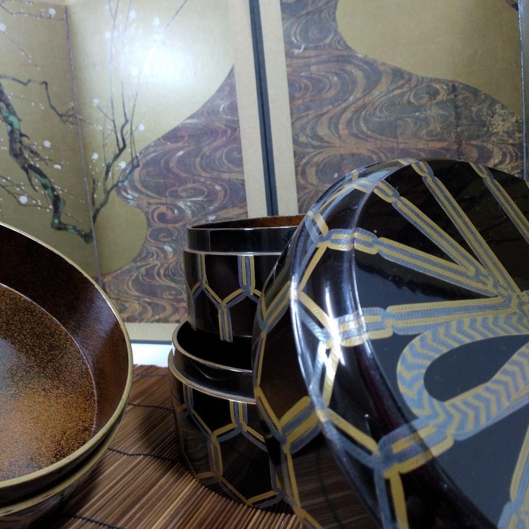 江戸時代骨董 金と銀の紐が六角形に結ばれた模様 四段重箱