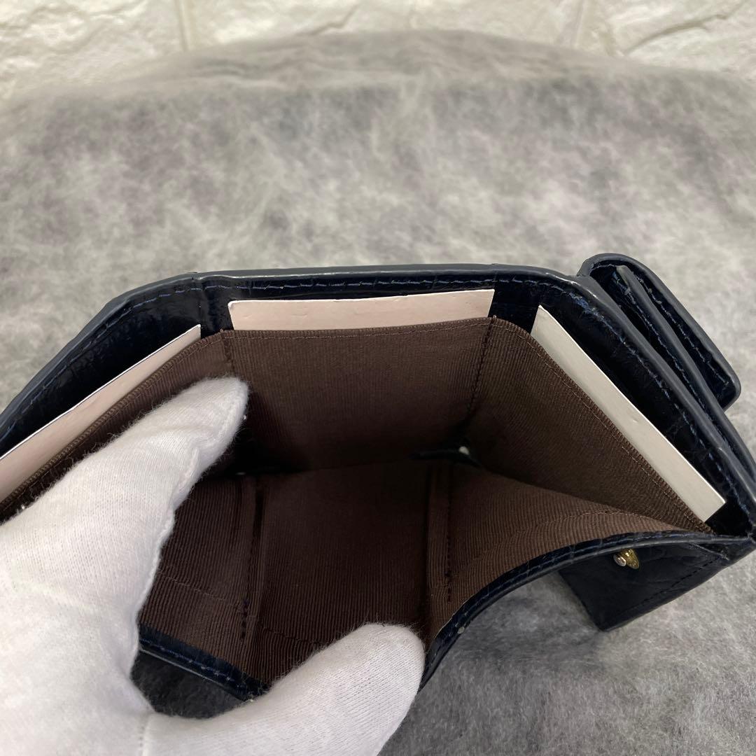 ナイルクロコダイル、三つ折り財布、コンパクト、本革、ブラックネイビー　内側型押し