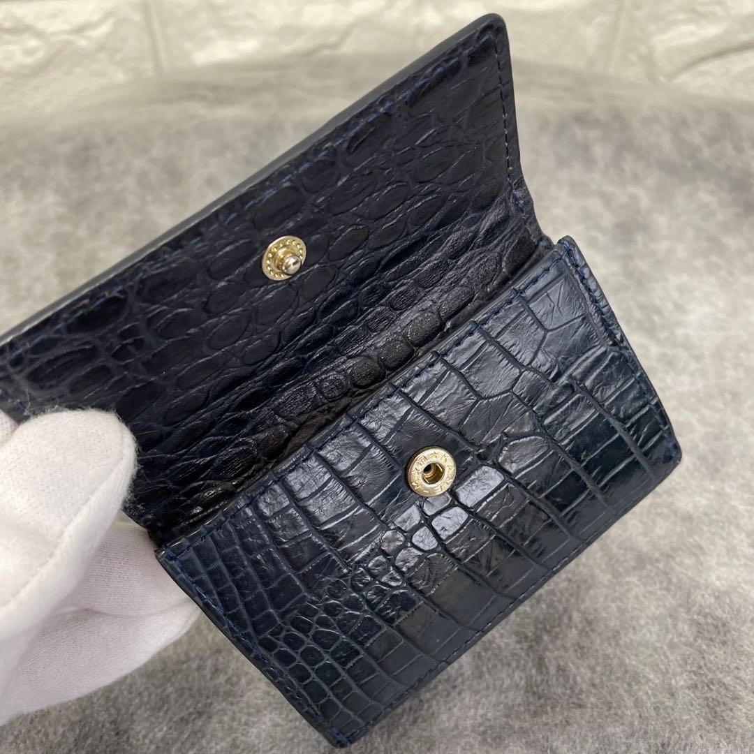 ナイルクロコダイル、三つ折り財布、コンパクト、本革、ブラックネイビー　内側型押し
