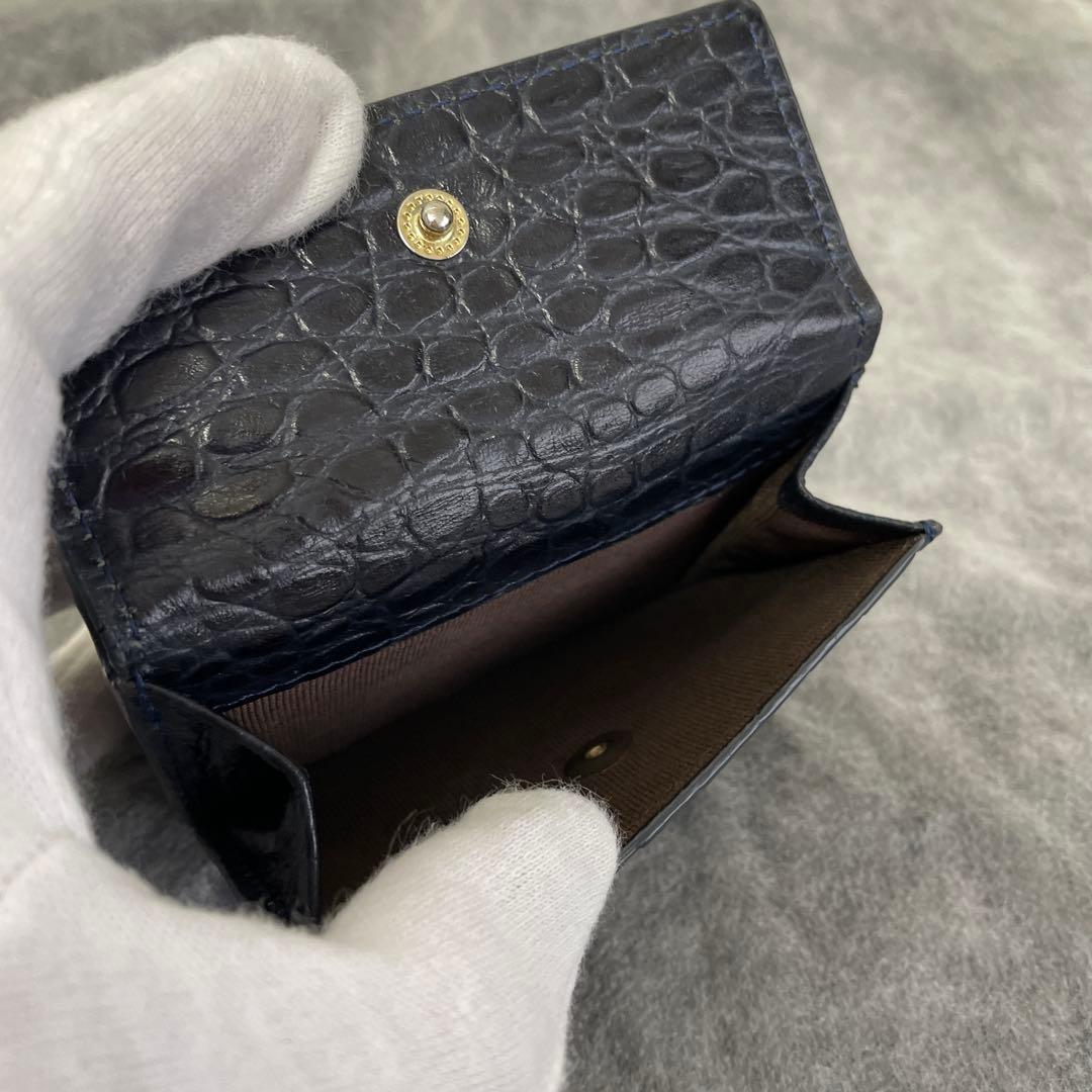 ナイルクロコダイル、三つ折り財布、コンパクト、本革、ブラックネイビー　内側型押し