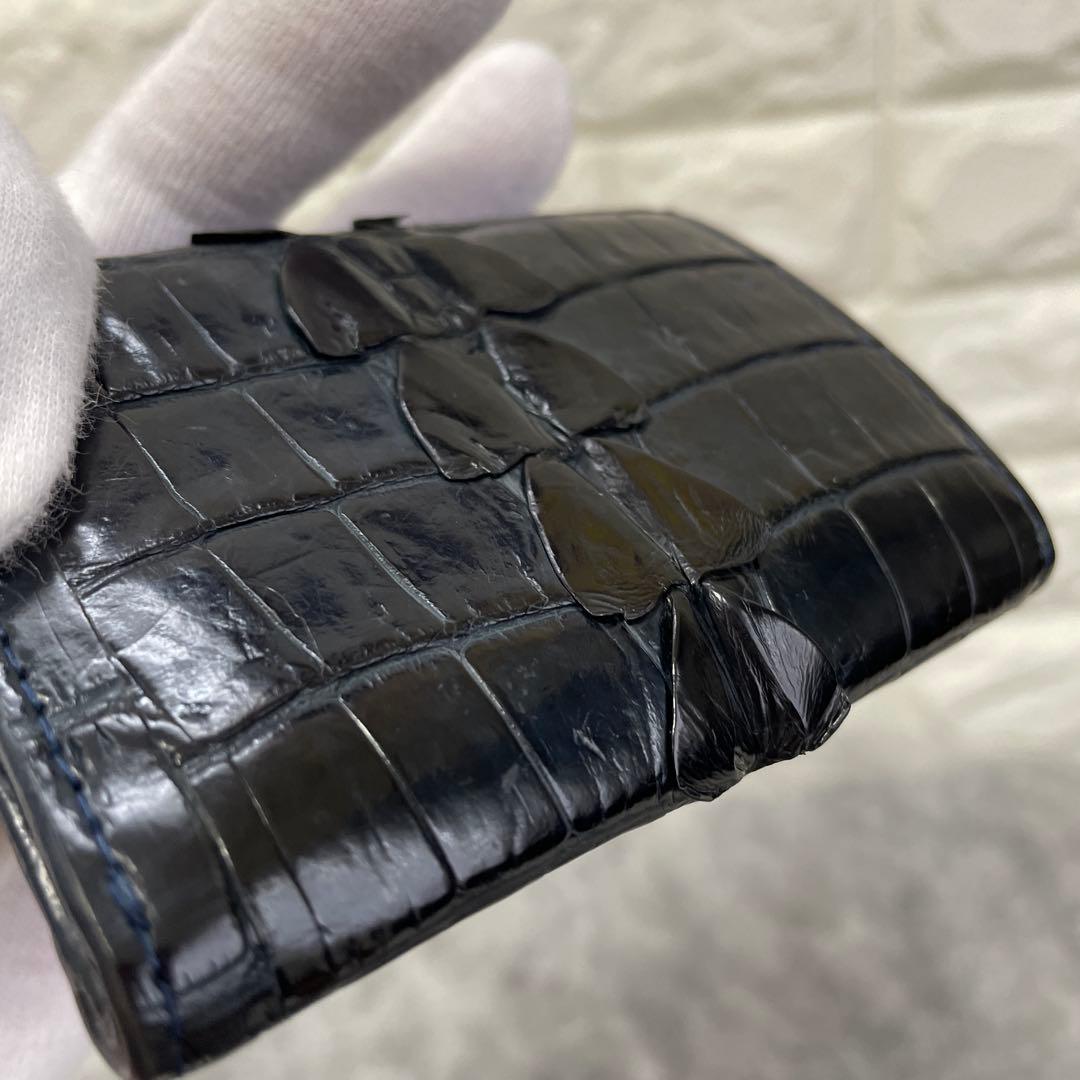 ナイルクロコダイル、三つ折り財布、コンパクト、本革、ブラックネイビー　内側型押し