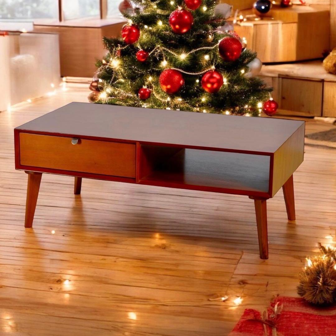 M 新品 北欧 センターテーブル ローテーブル 木製 机 座卓 引き出し 赤茶色
