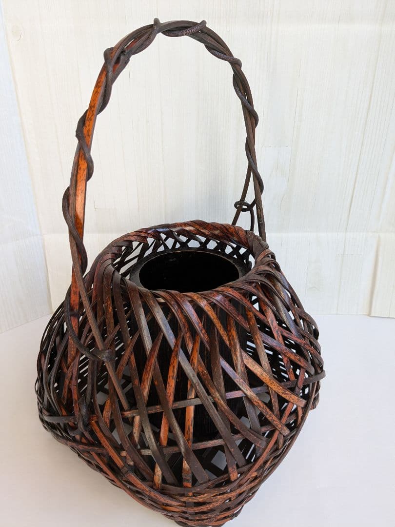 手付き花篭 花入 竹落とし付　　　茶道具　 華道具　竹籠 花籠 花籃　宗全籠