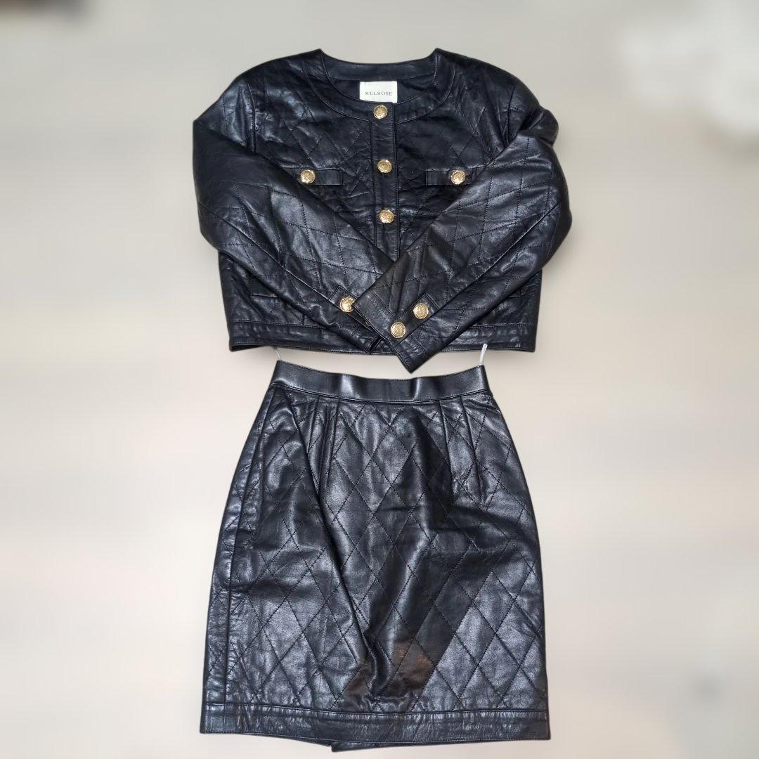 値下げ牛革Melrose ブラックレザーキルティングセット　レトロ　高級感