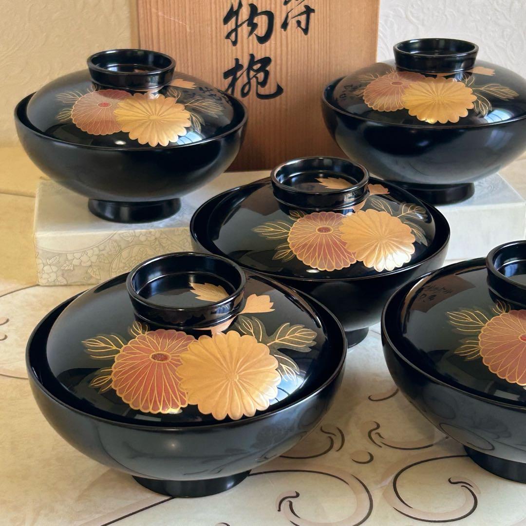 高級蒔絵付　吸物椀揃　五客セット　金彩菊絵　漆器　お吸い物碗　汁椀　お椀　蓋付き