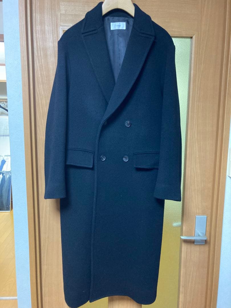 ブラック ダブルブレスト チェスターコート