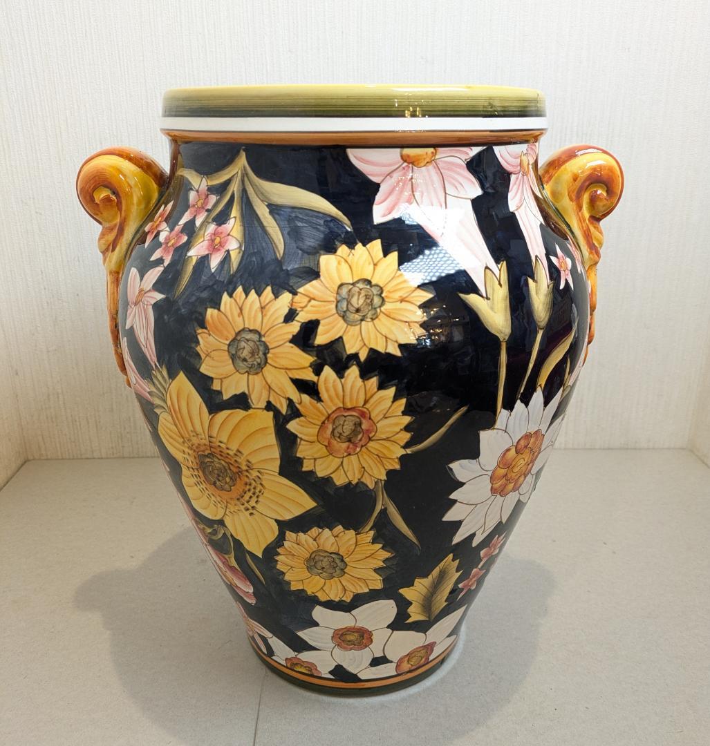 【イタリア製】 ハンドペイント フラワーベース 壷 花瓶 陶器製 双耳花瓶 花柄