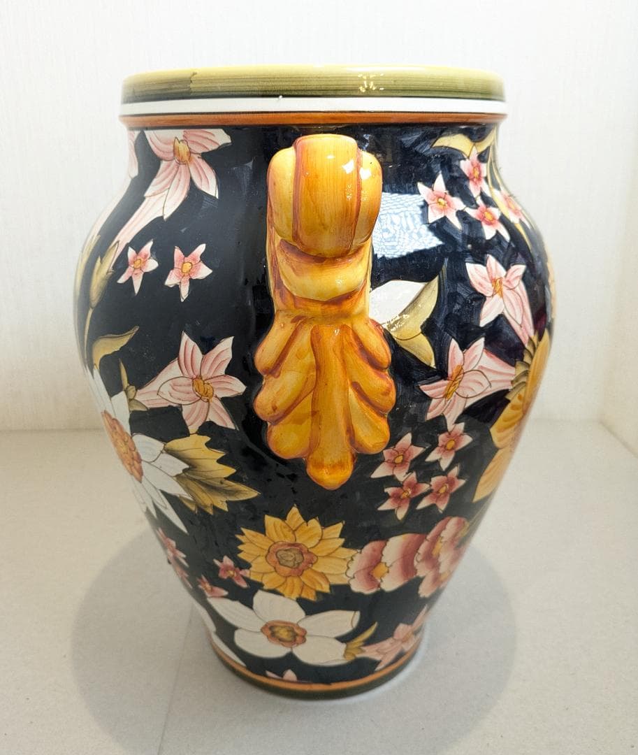 【イタリア製】 ハンドペイント フラワーベース 壷 花瓶 陶器製 双耳花瓶 花柄