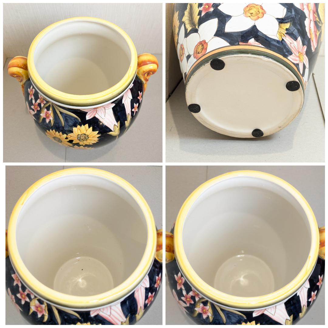 【イタリア製】 ハンドペイント フラワーベース 壷 花瓶 陶器製 双耳花瓶 花柄