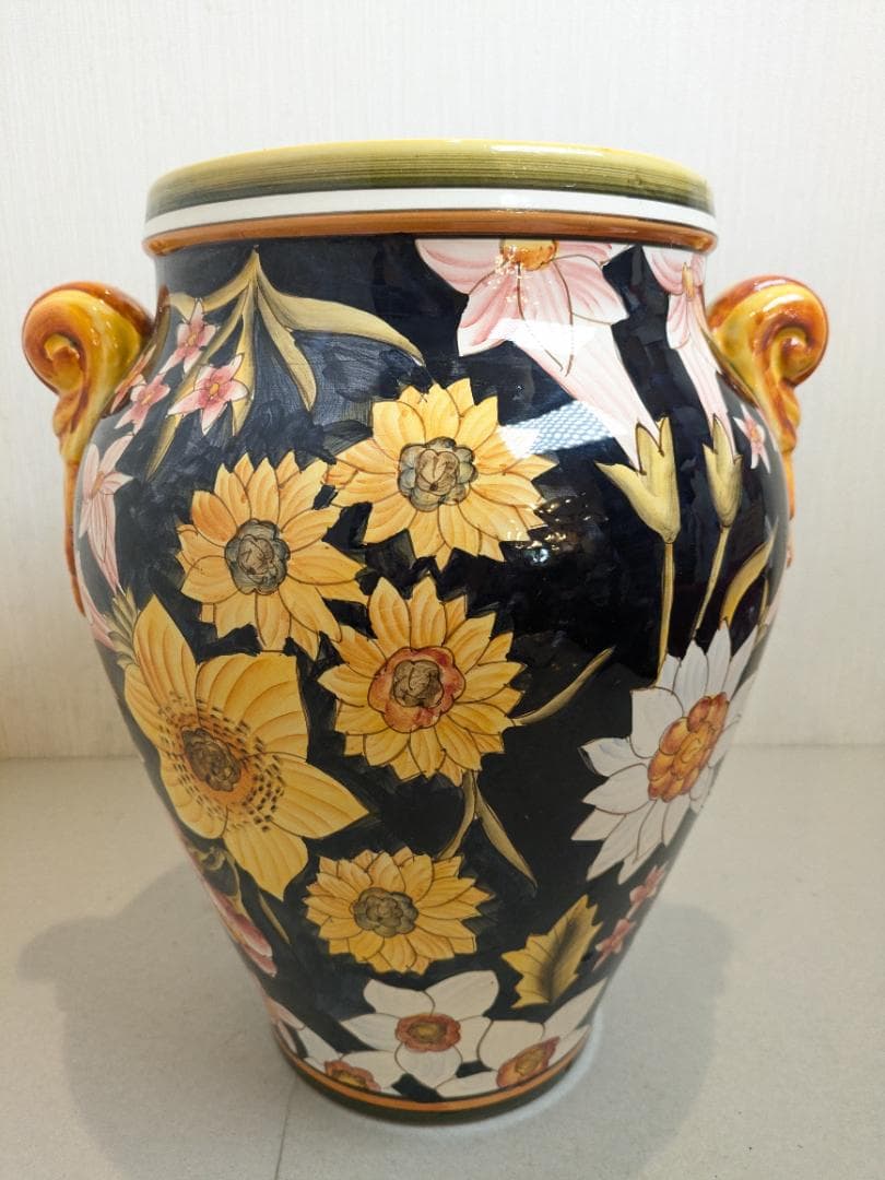【イタリア製】 ハンドペイント フラワーベース 壷 花瓶 陶器製 双耳花瓶 花柄