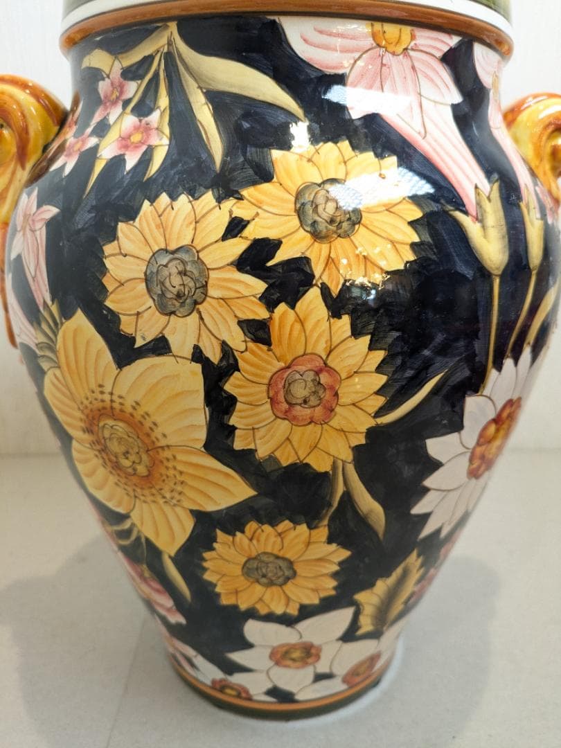 【イタリア製】 ハンドペイント フラワーベース 壷 花瓶 陶器製 双耳花瓶 花柄