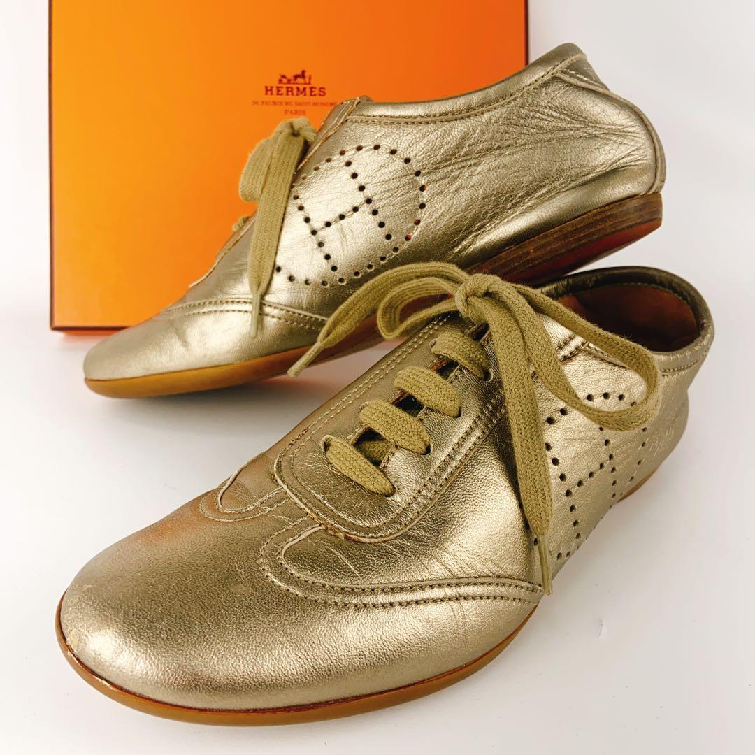 HERMES エブリン ゴールド 金 レザースニーカー Hロゴ パンチング