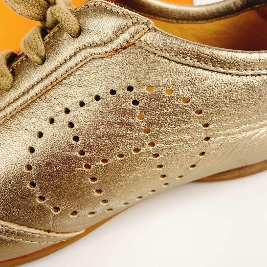 HERMES エブリン ゴールド 金 レザースニーカー Hロゴ パンチング