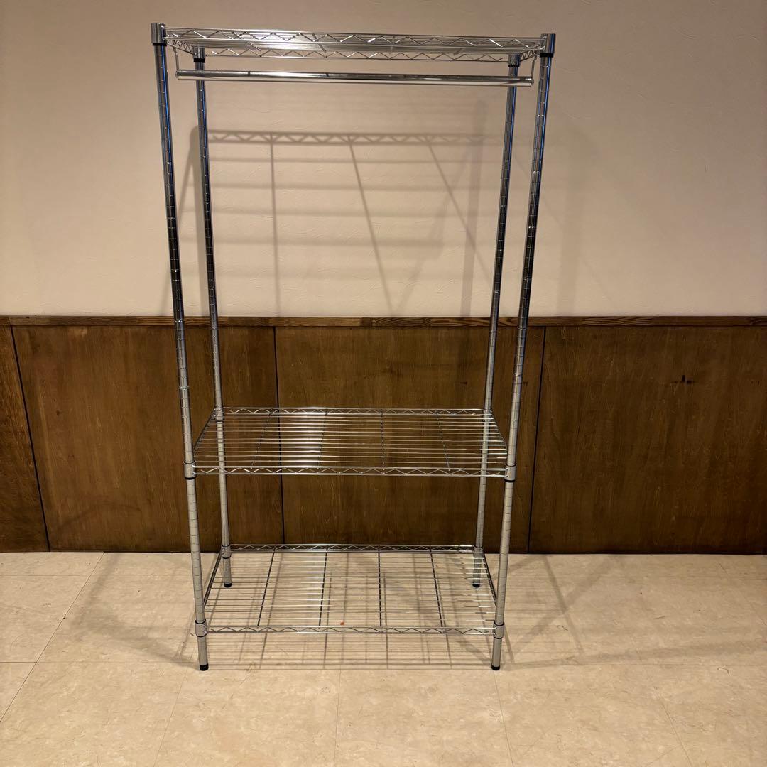 スチールラック 3段 シルバー　ハンガーラック付き