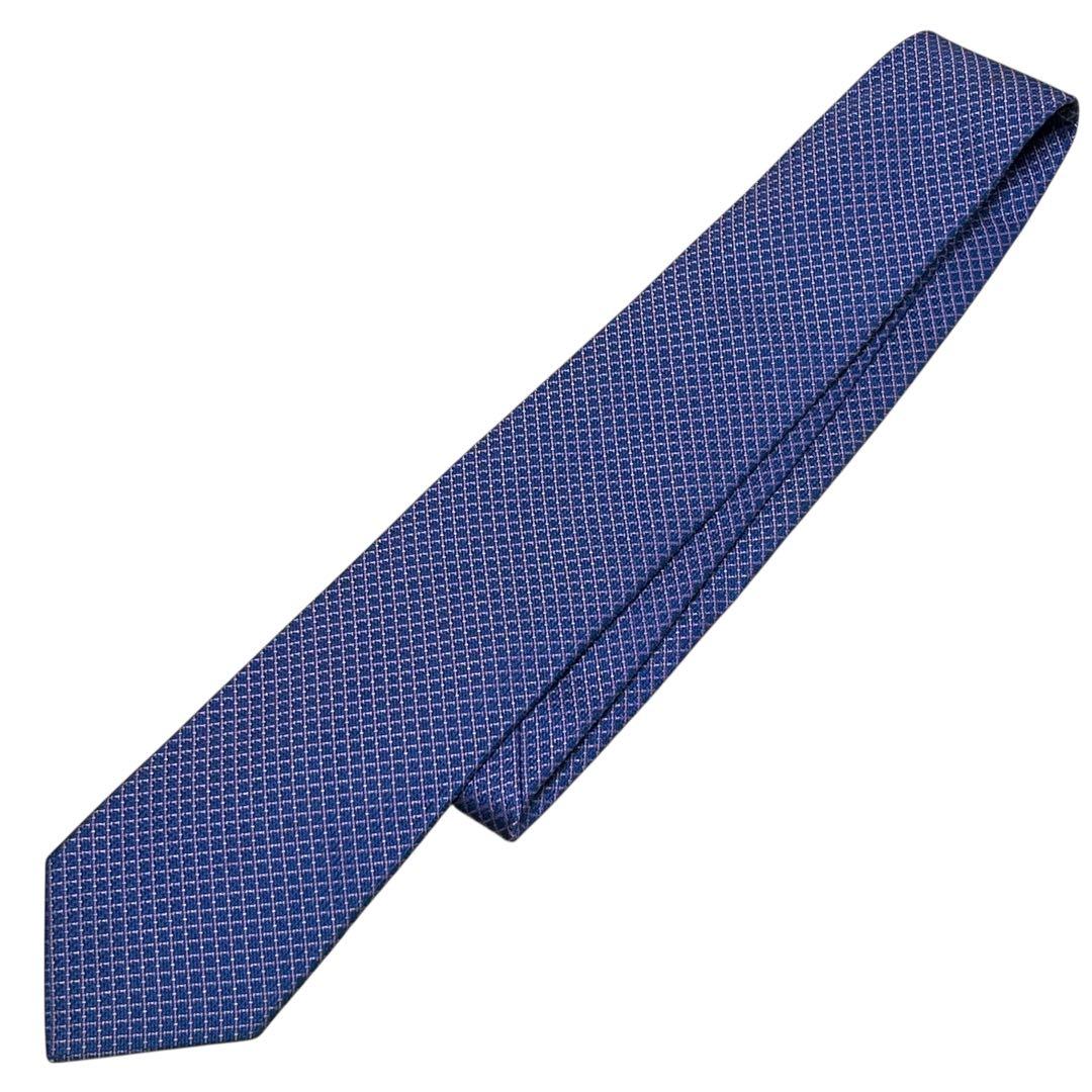 HERMES エルメス　高級ネクタイ　ジャガード織　ブルー　総柄　剣裏H柄