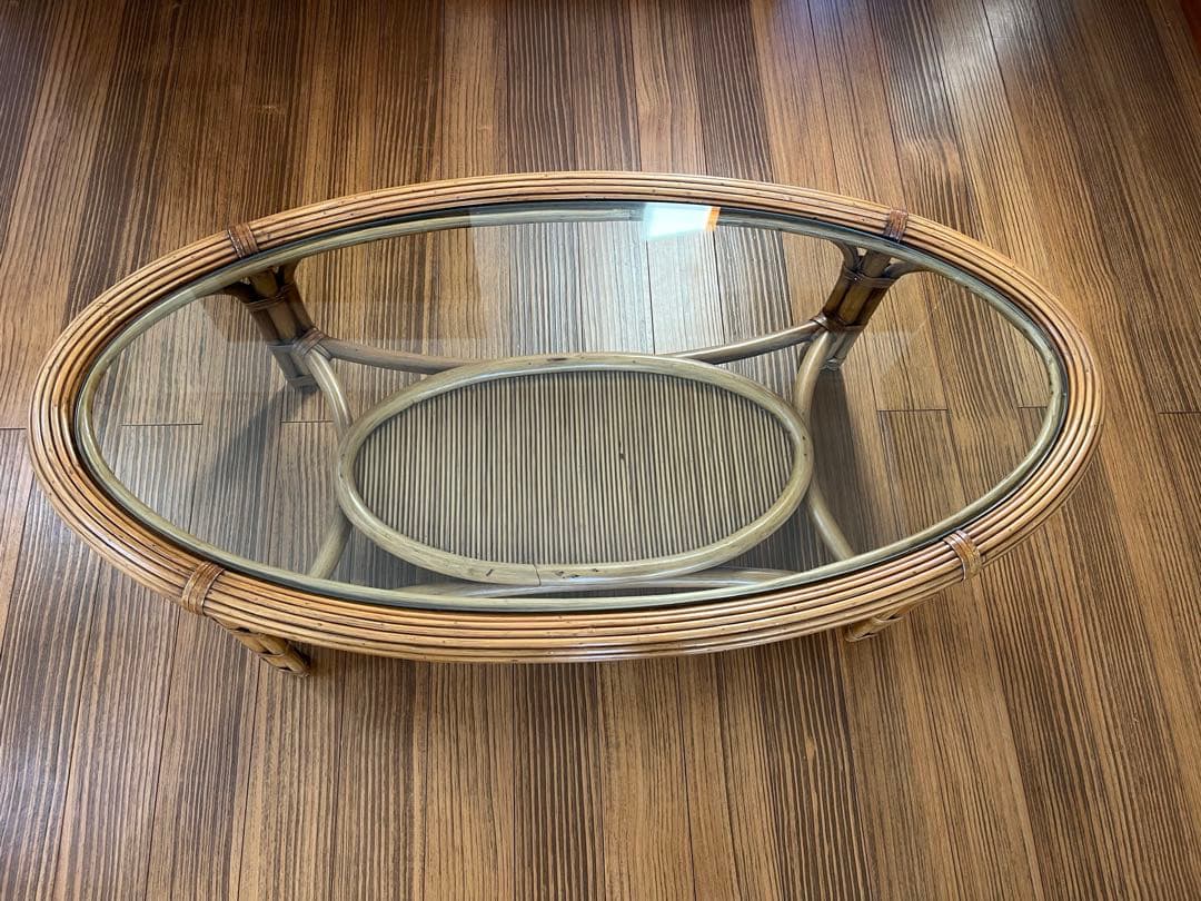 【ラタン　ガラス天板付ローテーブル】