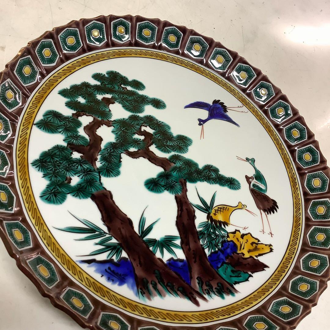 九谷焼竹画堂松鶴図飾り大皿木箱付(Q36)