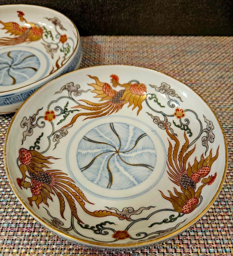 上作品❗江戸時代後期　古伊万里　錦手　金彩色絵　見込に捻り文様　鳳凰図　深皿2客