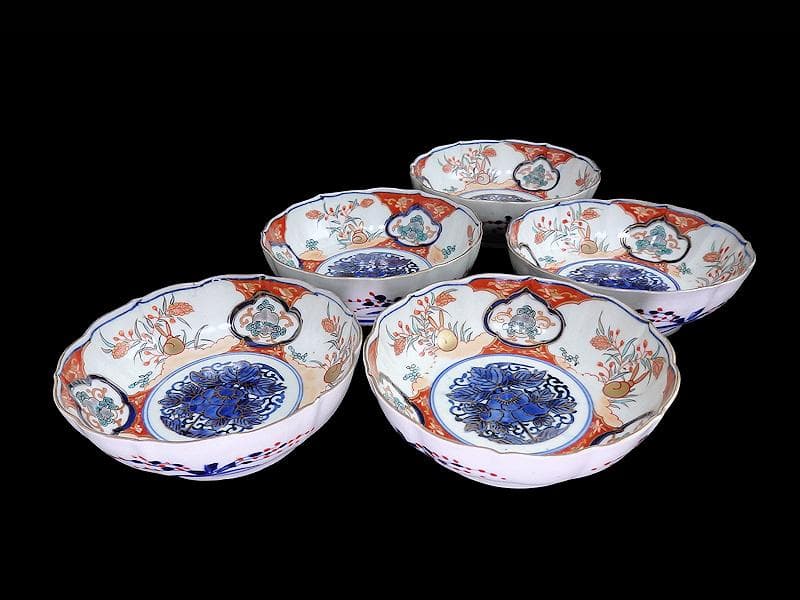 古伊万里　色絵　窓絵獅子　秋草に兎の図　膾皿　５客　D049AS-DBj