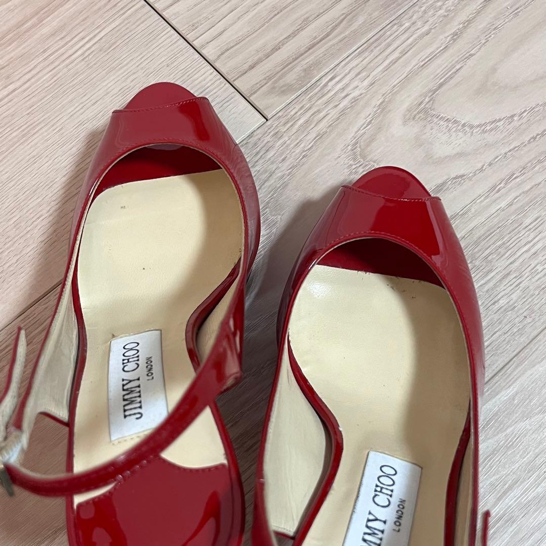 美品JIMMY CHOO レッドオープントゥハイヒール エナメル　36 1/2