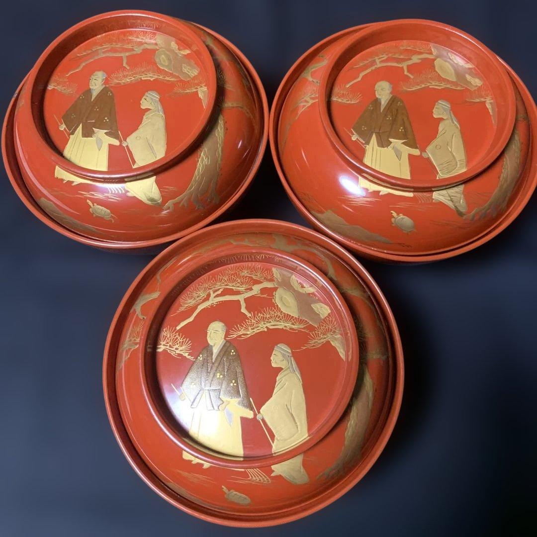 蓋向　木製手描き金彩絵　尾上の爺婆・鶴亀・松竹梅　盛金蒔絵　向付け　煮物椀　3客