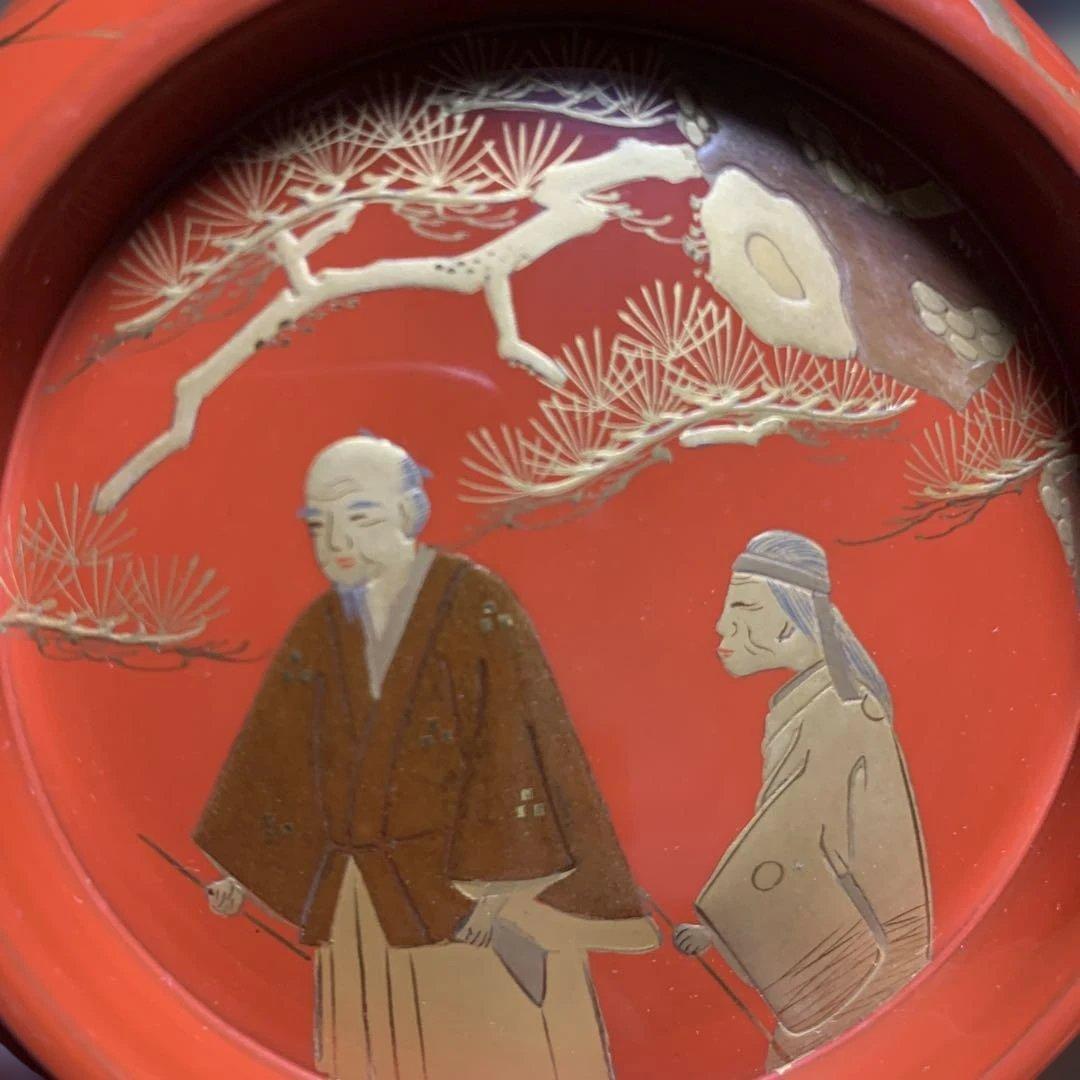 蓋向　木製手描き金彩絵　尾上の爺婆・鶴亀・松竹梅　盛金蒔絵　向付け　煮物椀　3客