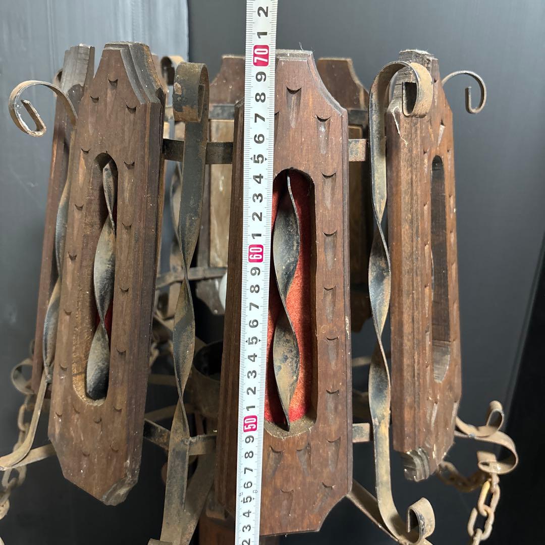 アンティーク木製&アイアンランプ 彫刻チェーン大