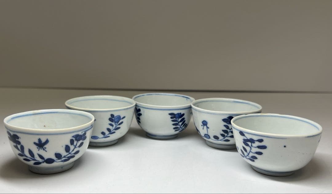 中国清時代　新渡染付煎茶碗5客　木箱付　口径約6.5㎝　東Y7-1105☆2F