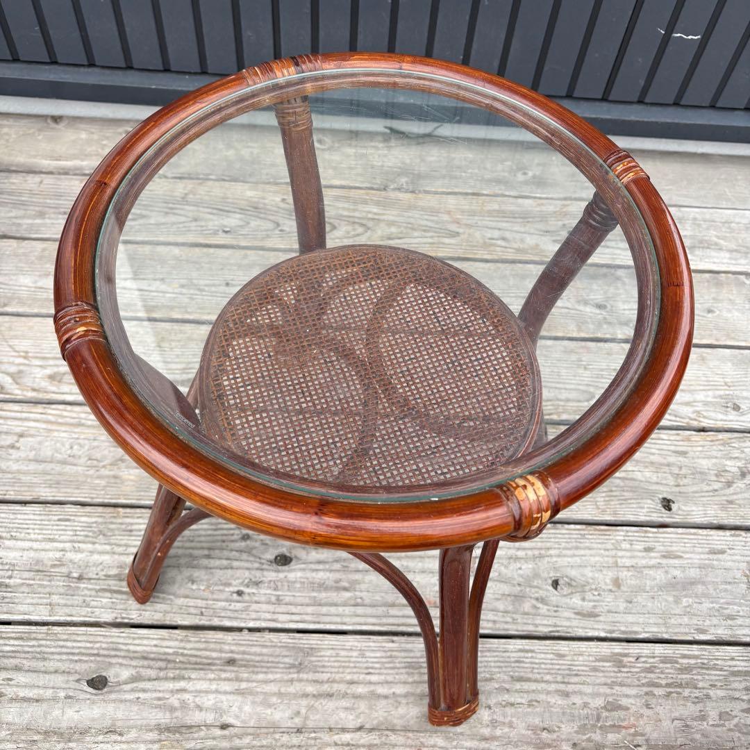 【昭和レトロ】薔薇柄 回転式ラタンチェア2脚＆ガラステーブル 3点セット 籐製