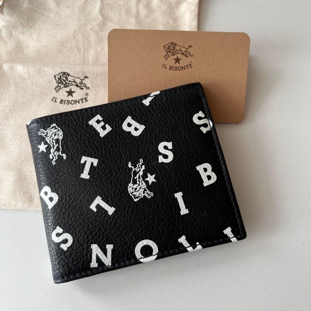 新品　イルビゾンテ　二つ折り財布　レザー　ブラックxホワイト　ロゴ　レザー　牛革