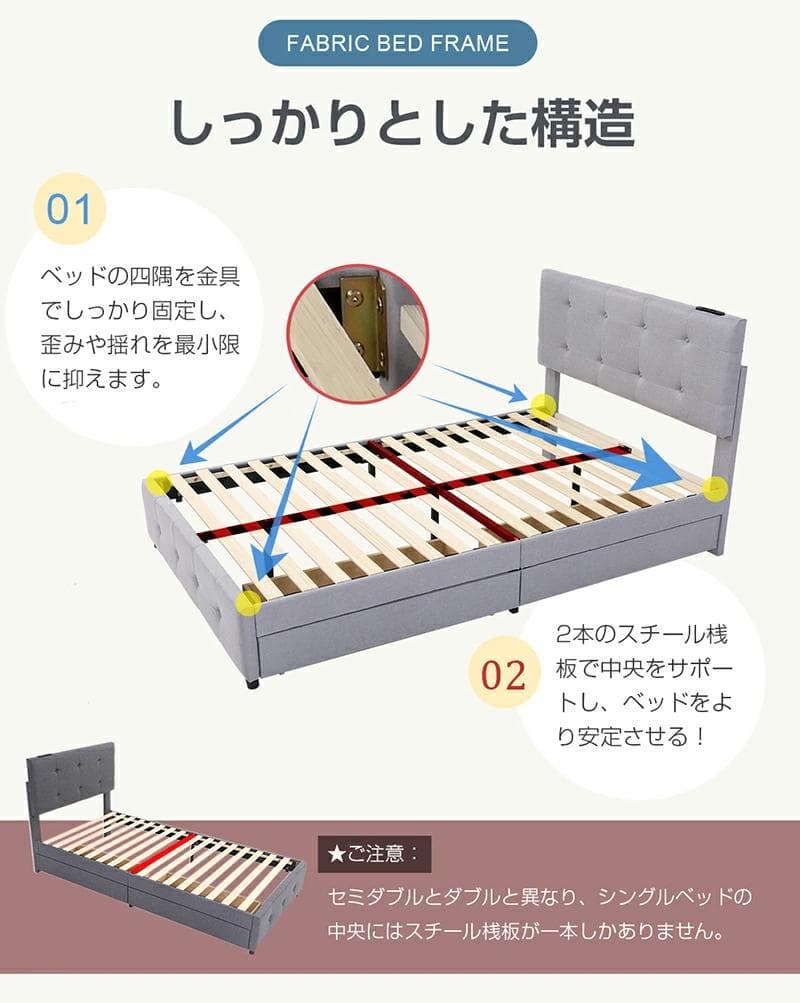 ファブリックベッド【セミダブル】　引き出し付き　布貼り　DARK　GREY