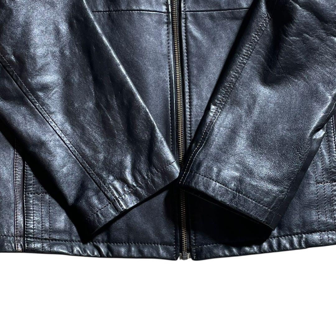 美品 XL羊革 brassi メンズ シングルライダースジャケット 編み込み 黒