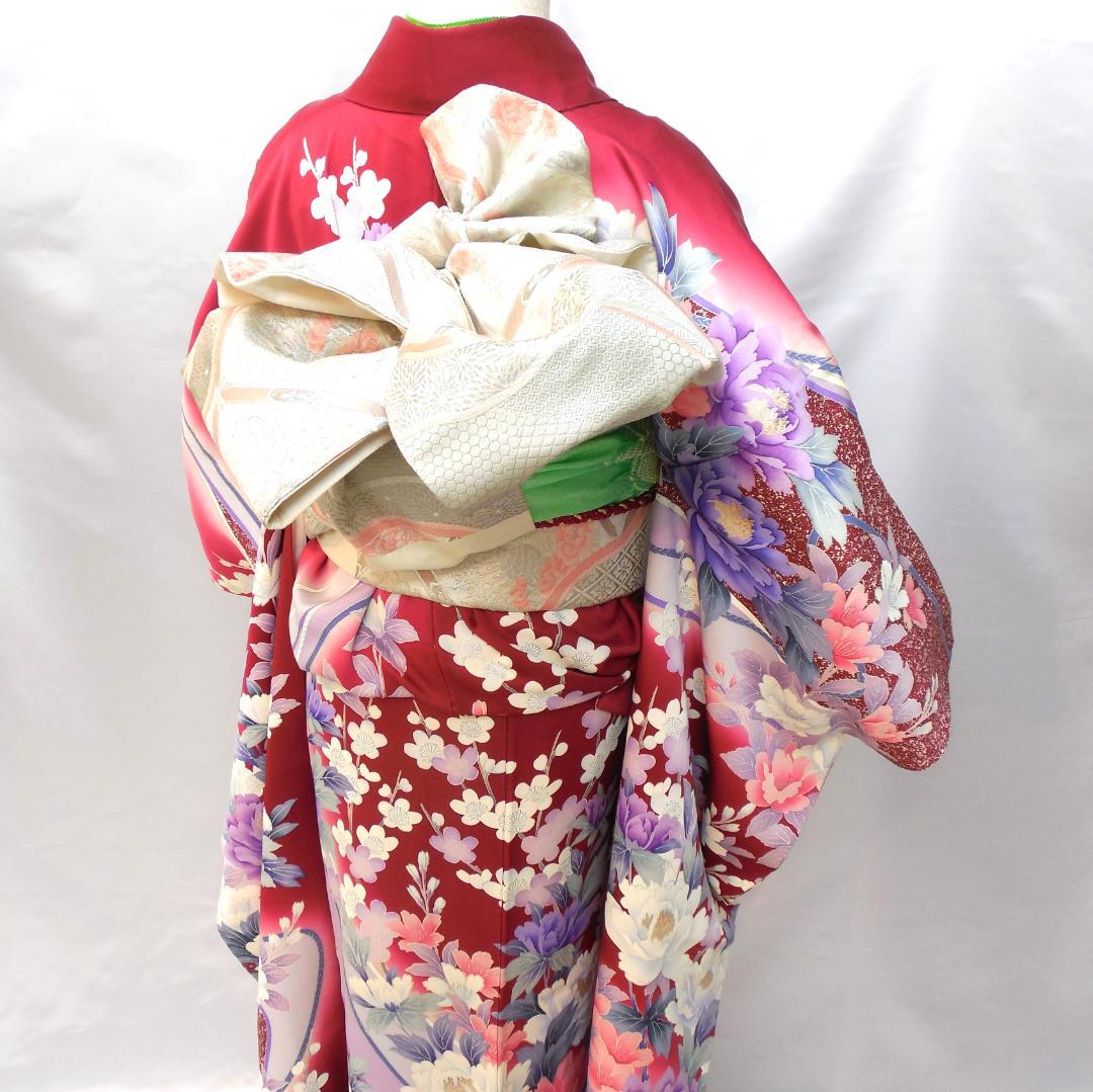 極美品★振袖フルセット　正絹　成人式　振袖　7点セット　Mサイズ　レッド系　花柄
