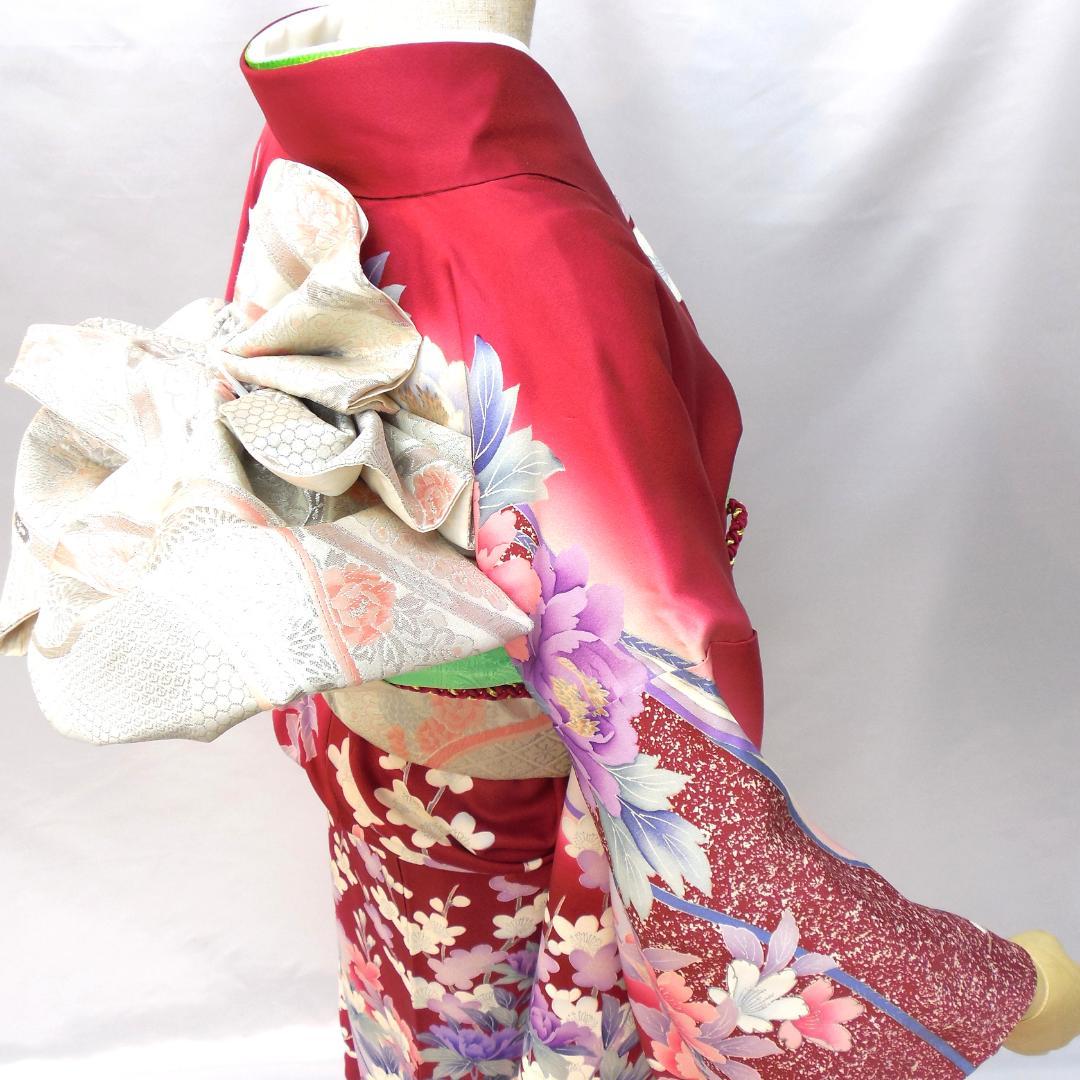 極美品★振袖フルセット　正絹　成人式　振袖　7点セット　Mサイズ　レッド系　花柄