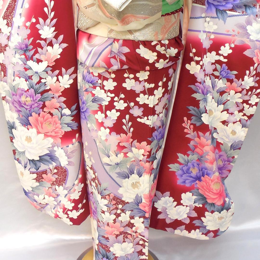 極美品★振袖フルセット　正絹　成人式　振袖　7点セット　Mサイズ　レッド系　花柄