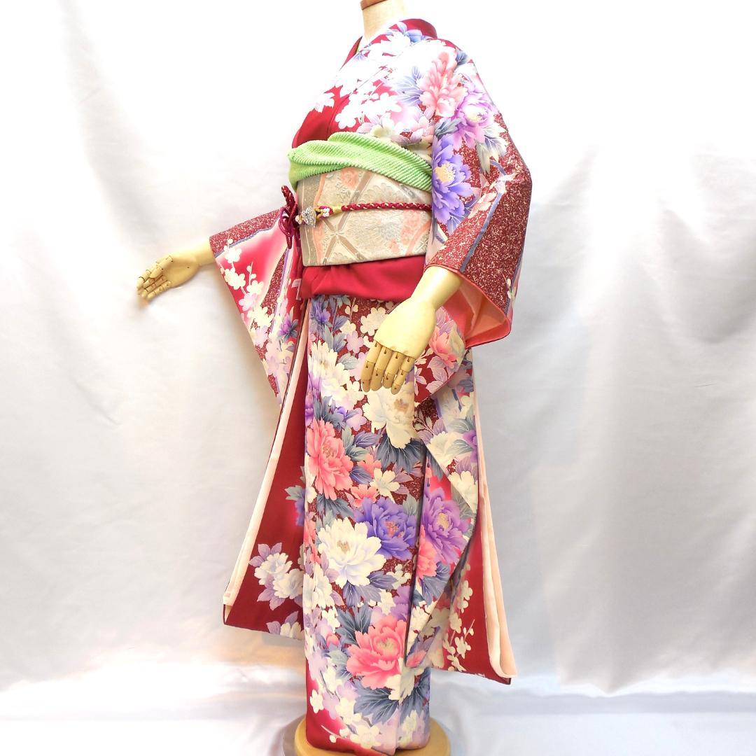 極美品★振袖フルセット　正絹　成人式　振袖　7点セット　Mサイズ　レッド系　花柄
