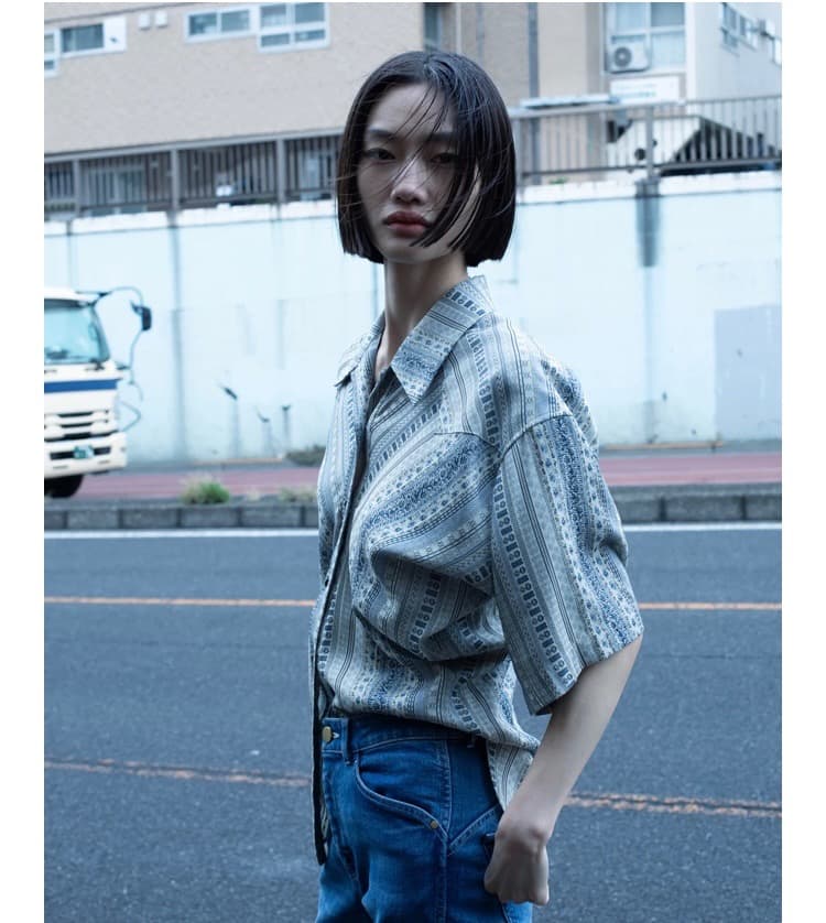 mamekurogouchi完売StripeJacquardオープンカラーシャツ