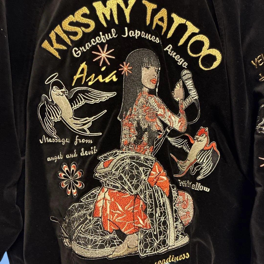 ピークドイエロー★ベロア サテン 総刺繍 姉御リバーシブル スカジャン 黒 L