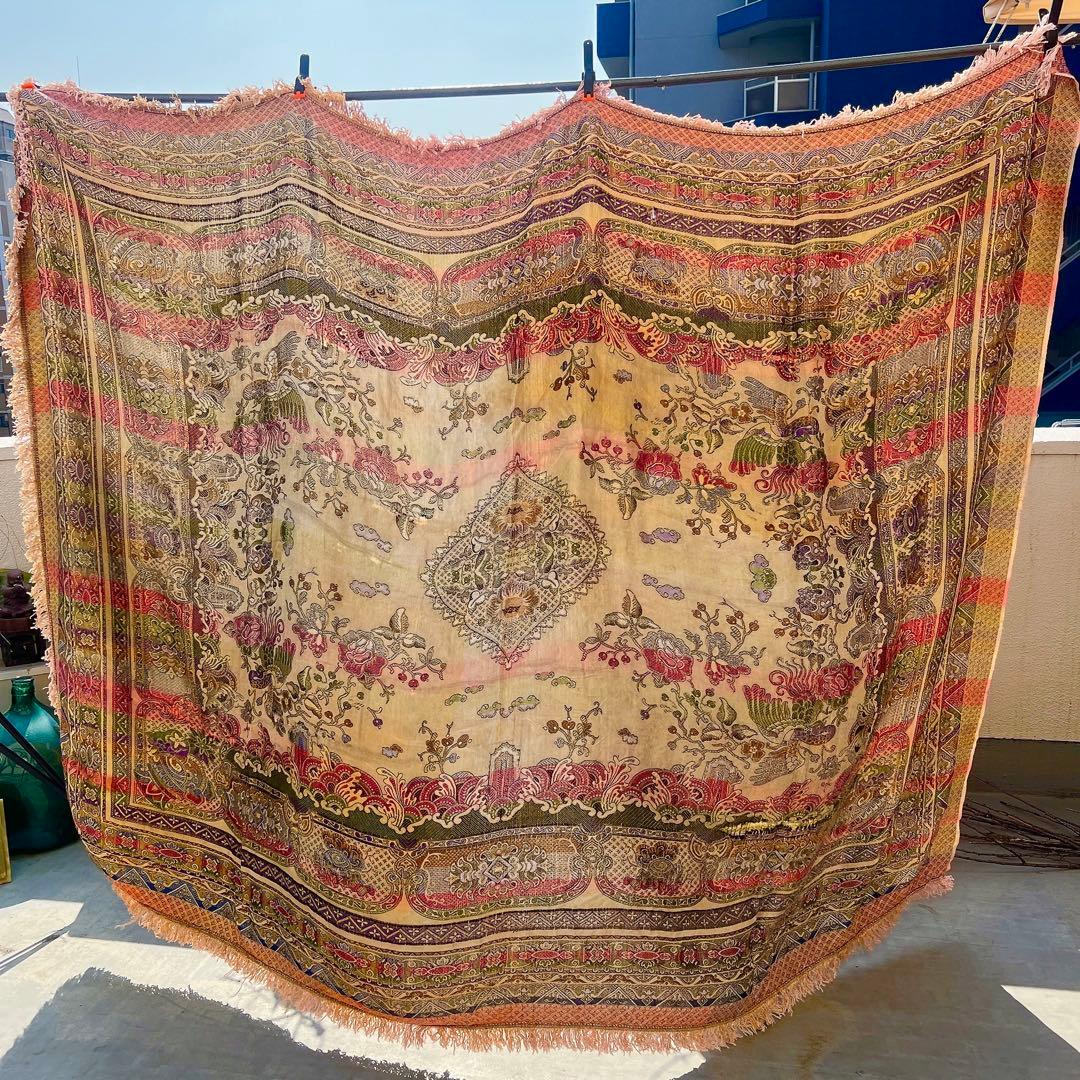 アンティーク　ベッドカバー　フランス蚤の市購入　フリンジつき大判ファブリック