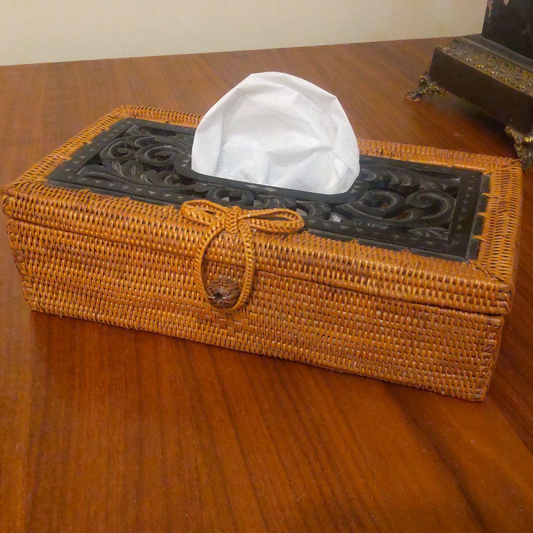 【バリ島土産】黒檀調象嵌入アタ製品ティッシュケース