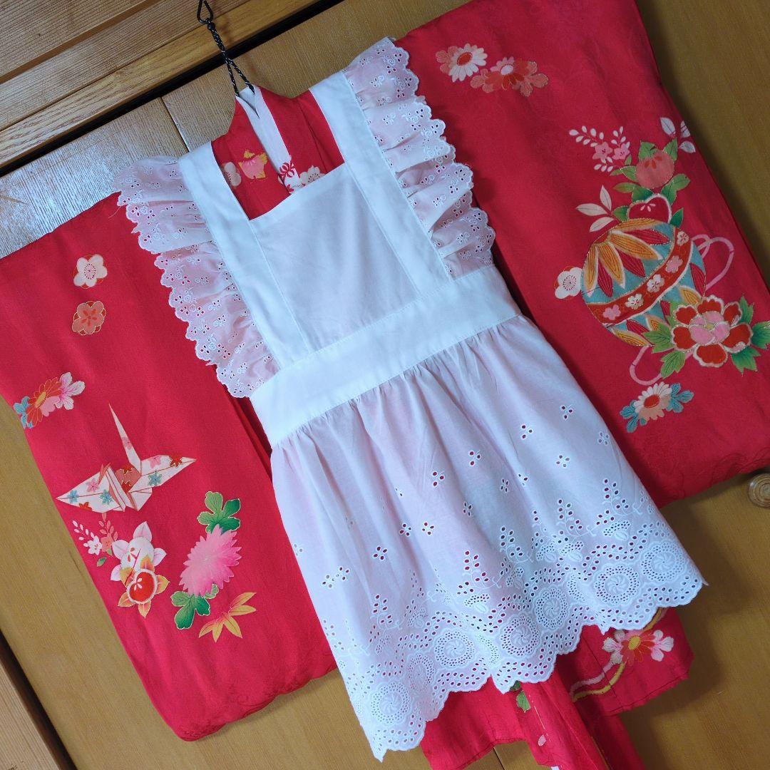 七五三３歳正絹アンティーク着物と被布エプロンセット（長襦袢付き）