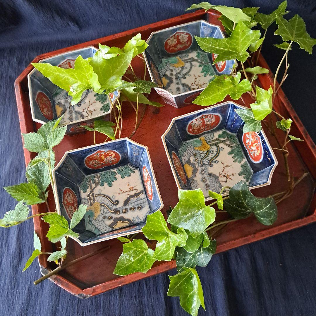 「柘榴(ざくろ)がいっぱい！」古伊万里 色絵 角向付 5客セット 骨董アンテ