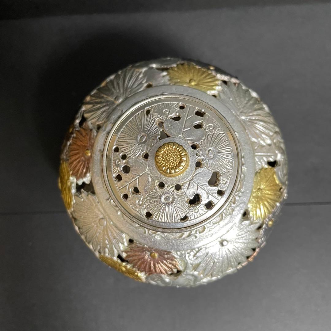 【希少】市橋敏雄 金銀彩菊透し文華香炉 高さ10.5cm 古美術品