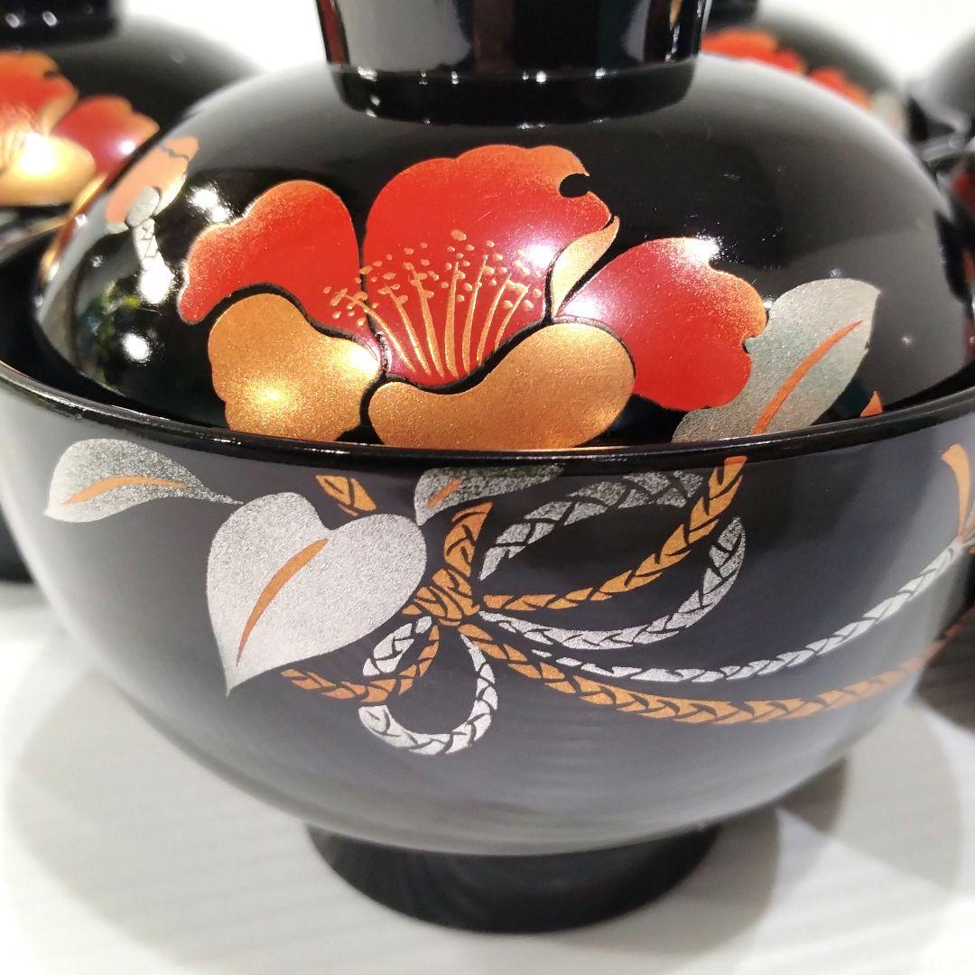 会津塗 漆器 金彩 吸物碗 蓋付き 黒塗 蒔絵 汁椀 お正月 椿 5客揃