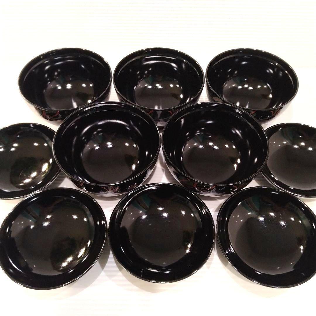 会津塗 漆器 金彩 吸物碗 蓋付き 黒塗 蒔絵 汁椀 お正月 椿 5客揃