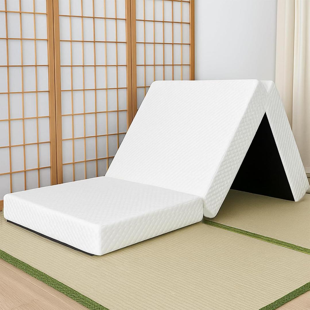 三つ折りたたみマットレス 厚さ10cm シングルホワイト 高反発マットレス 硬め