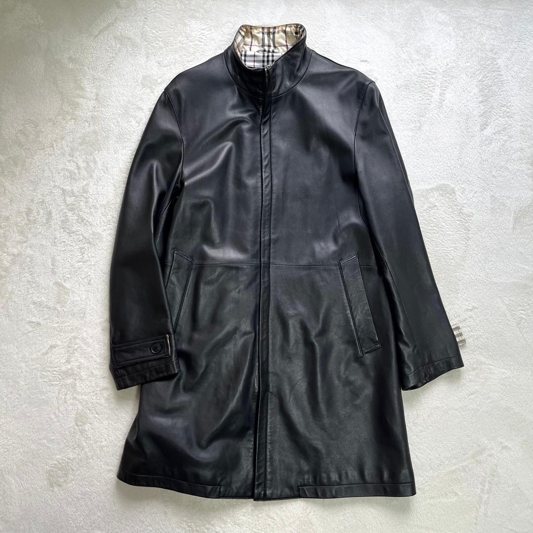 バーバリーブラックレーベル　レザーコート　ノバチェック　羊革　黒　Mサイズ