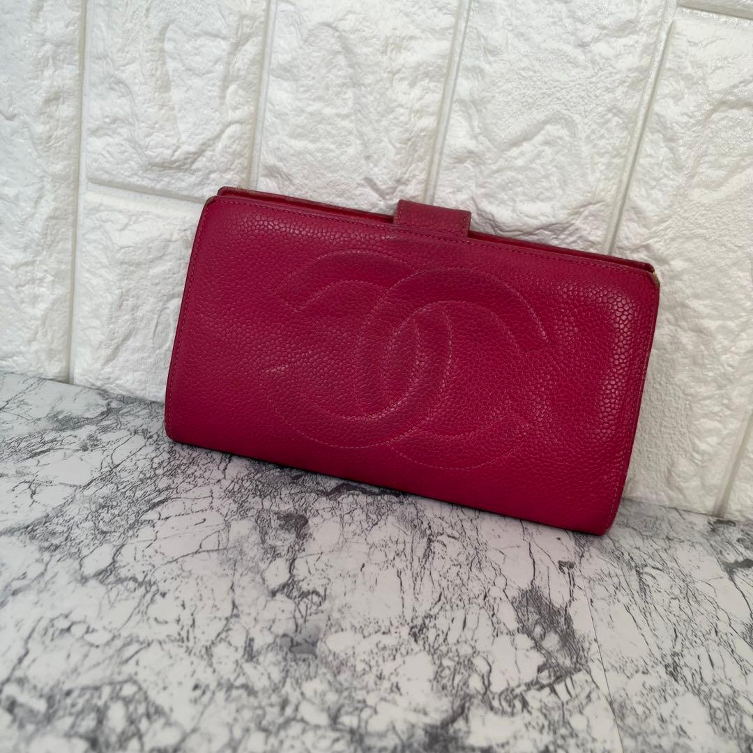 CHANEL シャネル キャビアスキン レザー がま口 二つ折り財布 ピンク